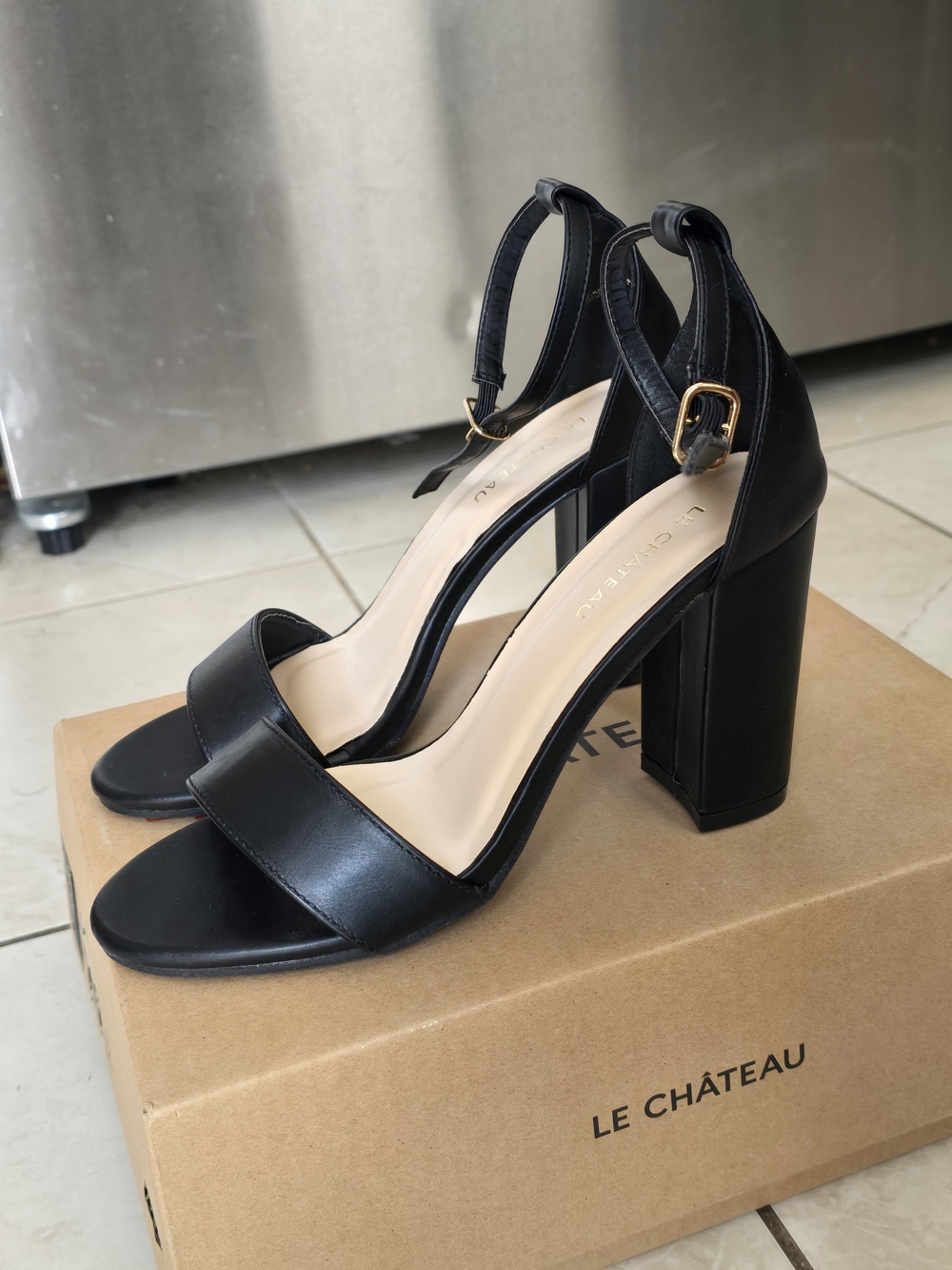 le chateau Black Block Heel Ankle-Strap Sandals with Gold Buckle